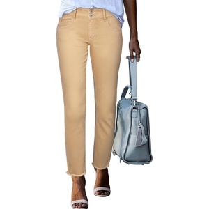 image:imageSidefeel Womens High Waisted Jeans Strechy Fashion Raw Hem Straight Leg Ankle Denim Pants with PocketsKhaki
