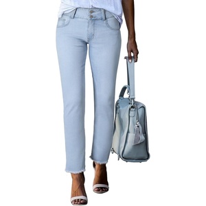 image:imageSidefeel Womens High Waisted Jeans Strechy Fashion Raw Hem Straight Leg Ankle Denim Pants with PocketsL Light Blue