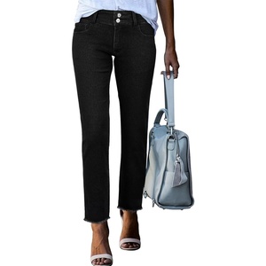 image:imageSidefeel Womens High Waisted Jeans Strechy Fashion Raw Hem Straight Leg Ankle Denim Pants with PocketsPure Black