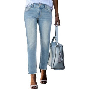 image:imageSidefeel Womens High Waisted Jeans Strechy Fashion Raw Hem Straight Leg Ankle Denim Pants with PocketsReal Teal
