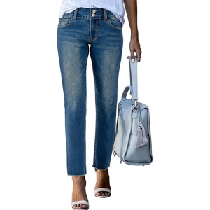 image:imageSidefeel Womens High Waisted Jeans Strechy Fashion Raw Hem Straight Leg Ankle Denim Pants with PocketsSail Blue
