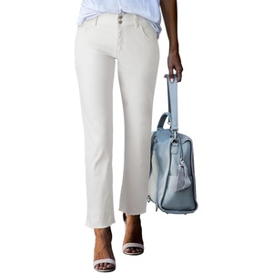 image:imageSidefeel Womens High Waisted Jeans Strechy Fashion Raw Hem Straight Leg Ankle Denim Pants with PocketsWhite