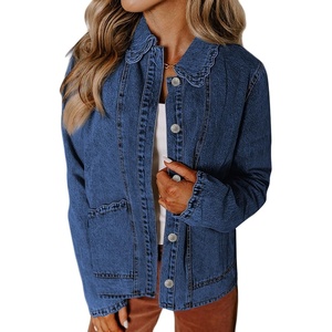 image:imageSidefeel Womens Jean Jacket Long Sleeve Button Down Ruffled Denim Jacket ShacketDark Blue