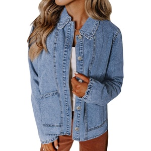 image:imageSidefeel Womens Jean Jacket Long Sleeve Button Down Ruffled Denim Jacket ShacketIceland Blue
