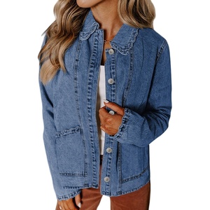 image:imageSidefeel Womens Jean Jacket Long Sleeve Button Down Ruffled Denim Jacket ShacketLight Blue