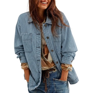 image:imageSidefeel Womens Jean Jacket Oversized Boyfriend Button Up Long Sleeve Split Zimbaplatinum Denim JacketsStripe Sky Blue