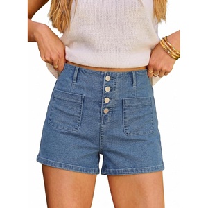 image:imageSidefeel Womens Jean Shorts Button Fly Stretchy High Waisted Summer Outfit Denim ShortsDark Blue