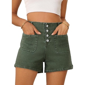 image:imageSidefeel Womens Jean Shorts Button Fly Stretchy High Waisted Summer Outfit Denim ShortsGreen