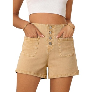 image:imageSidefeel Womens Jean Shorts Button Fly Stretchy High Waisted Summer Outfit Denim ShortsKhaki