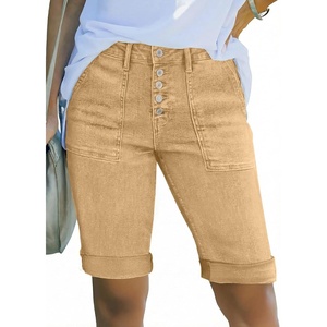 image:imageSidefeel Womens Jean Shorts High Waisted Stretchy Button Fly Folded Hem Trendy Casual Summer Bermuda ShortsKhaki