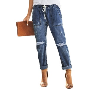 image:imageSidefeel Womens Jeans Cargo Pants High Waisted Ripped Denim Joggers Pull On Elastic Drawstring Waist Trousers Blue Size 4