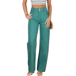 image:imageSidefeel Womens Jeans High Waisted Straight Leg Stretchy Jeans Trendy Loose Wide Leg Zimbaplatinum Denim Pants with PocketsLake Green