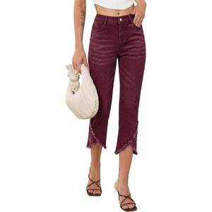 image:imageSidefeel Womens Jeans High Waisted Stretchy Cropped Skinny Jeans Trendy Cross Raw Hem Summer Capri Pants with PocketsBurgundy