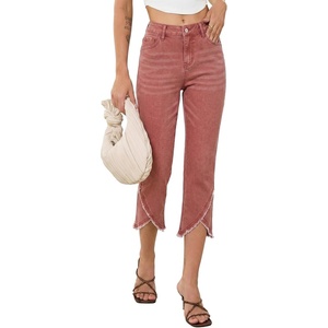image:imageSidefeel Womens Jeans High Waisted Stretchy Cropped Skinny Jeans Trendy Cross Raw Hem Summer Capri Pants with PocketsMineral Red