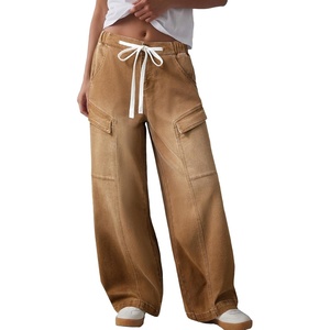 image:imageSidefeel Womens MidLow Rise Baggy Jeans Elastic Waist Drawtring Y2K Stretchy Wide Leg Cargo Boyfriend Oversized Denim PantsBrown