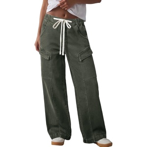 image:imageSidefeel Womens MidLow Rise Baggy Jeans Elastic Waist Drawtring Y2K Stretchy Wide Leg Cargo Boyfriend Oversized Denim PantsGreen