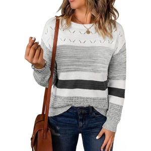image:imageSidefeel Womens Oversized Sweaters Striped Crochet Boat Neck Hollow Out Lightweight Long Sleeve Knit Trendy Pullover TopsWhite