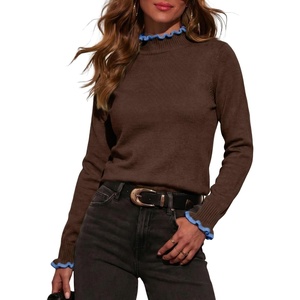 image:imageSidefeel Womens Pullover Sweaters Ruffle Long Sleeve Mock Neck Casual Knit Jumper TopsCoffee