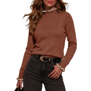 image:imageSidefeel Womens Pullover Sweaters Ruffle Long Sleeve Mock Neck Casual Knit Jumper TopsTawny