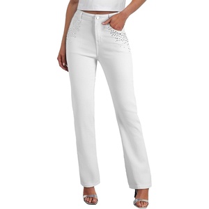image:imageSidefeel Womens Straight Leg Jeans High Waisted Stretchy Rhinestone Wide Leg Denim PantsWhite