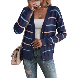 image:imageSidefeel Womens Striped Cardigan Sweaters Cropped V Neck Long Sleeve Button Down Knit Open Front Sweater CoatBlue