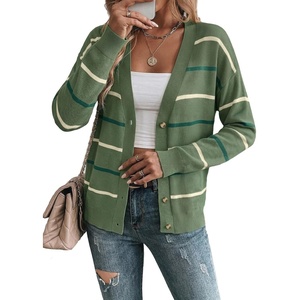 image:imageSidefeel Womens Striped Cardigan Sweaters Cropped V Neck Long Sleeve Button Down Knit Open Front Sweater CoatGreen