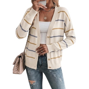 image:imageSidefeel Womens Striped Cardigan Sweaters Cropped V Neck Long Sleeve Button Down Knit Open Front Sweater CoatWhite