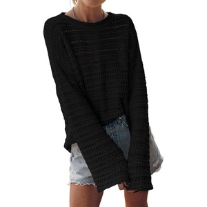 image:imageSidefeel Womens Summer Sweaters 2026 Lightweight Casual Long Sleeve Crochet Tops Hollow Out Knit Pullover ClothingBlack