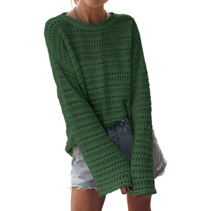 image:imageSidefeel Womens Summer Sweaters 2026 Lightweight Casual Long Sleeve Crochet Tops Hollow Out Knit Pullover ClothingDark Green