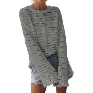image:imageSidefeel Womens Summer Sweaters 2026 Lightweight Casual Long Sleeve Crochet Tops Hollow Out Knit Pullover ClothingGray