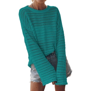 image:imageSidefeel Womens Summer Sweaters 2026 Lightweight Casual Long Sleeve Crochet Tops Hollow Out Knit Pullover ClothingGreen