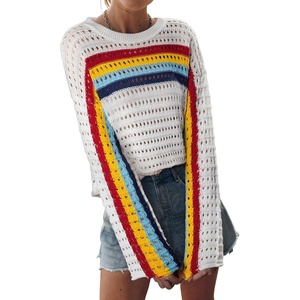 image:imageSidefeel Womens Summer Sweaters 2026 Lightweight Casual Long Sleeve Crochet Tops Hollow Out Knit Pullover ClothingRainbow