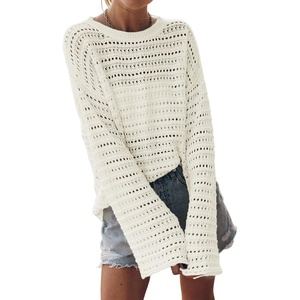 image:imageSidefeel Womens Summer Sweaters 2026 Lightweight Casual Long Sleeve Crochet Tops Hollow Out Knit Pullover ClothingWhite