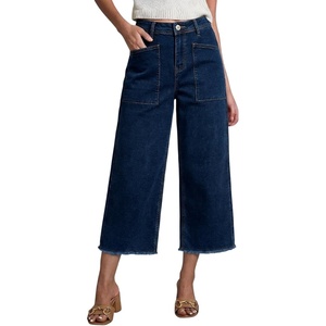 image:imageSidefeel Womens Wide Leg Baggy Capri Jeans High Waisted Straight Leg Stretchy Raw Hem Cropped Denim Pants with PocketsBluing