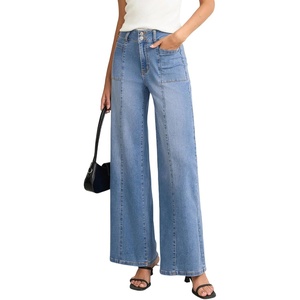 image:imageSidefeel Womens Wide Leg Baggy Jeans High Waisted Tummy Control Stretchy Loose Fit Ankle Denim JeansIceland Blue