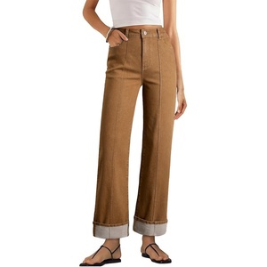 image:imageSidefeel Womens Wide Leg Cuffed Jeans High Waisted Baggy Stretchy Denim Pants with PocketsBrown