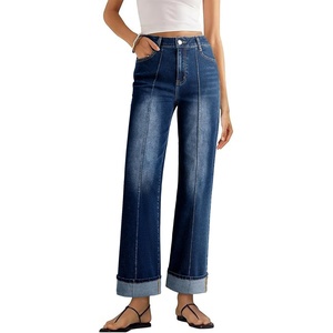 image:imageSidefeel Womens Wide Leg Cuffed Jeans High Waisted Baggy Stretchy Denim Pants with PocketsDark Blue