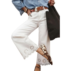 image:imageSidefeel Womens Wide Leg Embroidered Jeans High Waisted Stretchy Straight Leg Loose Fit Ankle Denim PantsWhite