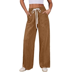 image:imageSidefeel Womens Wide Leg Jeans Baggy High Waisted Stretchy Trendy Front Seam Drawstring Denim Sweatpants with Slant PocketsBrown