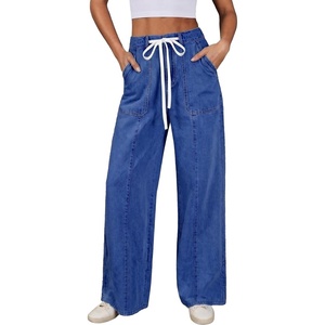 image:imageSidefeel Womens Wide Leg Jeans Baggy High Waisted Stretchy Trendy Front Seam Drawstring Denim Sweatpants with Slant PocketsDark Blue