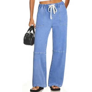 image:imageSidefeel Womens Wide Leg Jeans High Waisted Elastic Stretchy Trendy Drawstring Baggy Pull On Denim Pants with Oversized FitIceland Blue