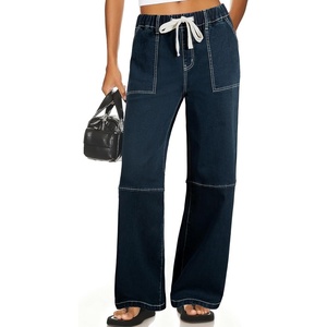 image:imageSidefeel Womens Wide Leg Jeans High Waisted Elastic Stretchy Trendy Drawstring Baggy Pull On Denim Pants with Oversized FitVintage Blue