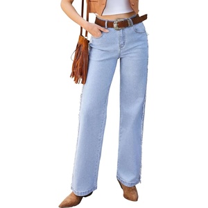 image:imageSidefeel Womens Wide Leg Jeans High Waisted Straight Leg Stretchy Patchwork Side Panel Denim Pants with PocketsIceland Blue