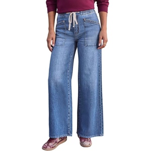 image:imageSidefeel Womens Wide Leg Jeans High Waisted Stretchy Baggy Elastic Waist Drawstring Ankle Denim Jeans with PocketsIceland Blue