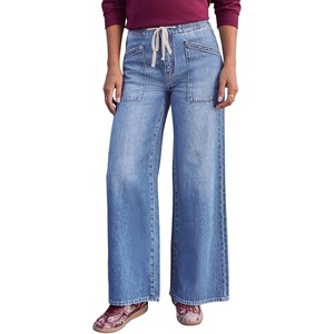 image:imageSidefeel Womens Wide Leg Jeans High Waisted Stretchy Baggy Elastic Waist Drawstring Ankle Denim Jeans with PocketsLight Blue