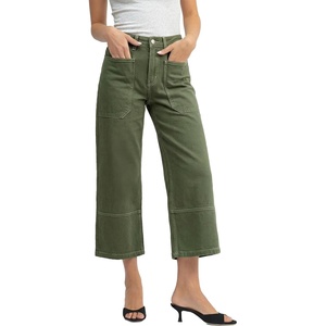 image:imageSidefeel Womens Wide Leg Jeans High Waisted Stretchy Big Pockets Capri Denim PantsGreen