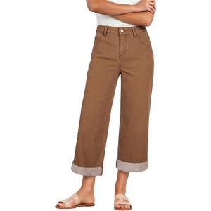 image:imageSidefeel Womens Wide Leg Jeans High Waisted Stretchy Cropped Ankle Capri Rolled Hem Denim PantsBrown