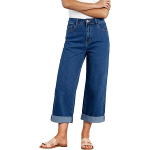 image:imageSidefeel Womens Wide Leg Jeans High Waisted Stretchy Cropped Ankle Capri Rolled Hem Denim PantsDark Blue