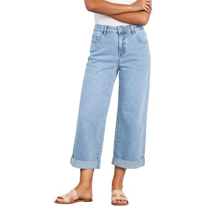 image:imageSidefeel Womens Wide Leg Jeans High Waisted Stretchy Cropped Ankle Capri Rolled Hem Denim PantsSky Blue