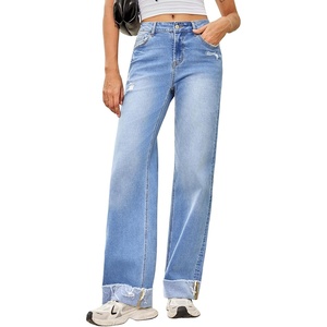 image:imageSidefeel Womens Wide Leg Jeans High Waisted Stretchy Distressed Straight Leg Folded Hem Loose Denim PantsLight Blue
